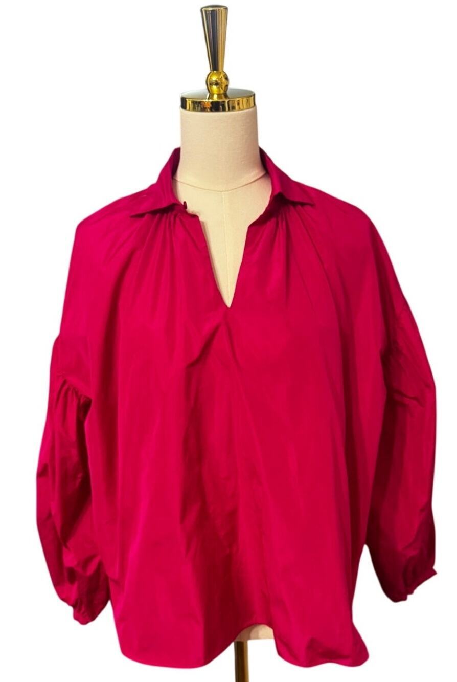 Psophía Taffeta Shirt Fuchsia Oversized Balloon Sleeve Popover Blouse XS $380
